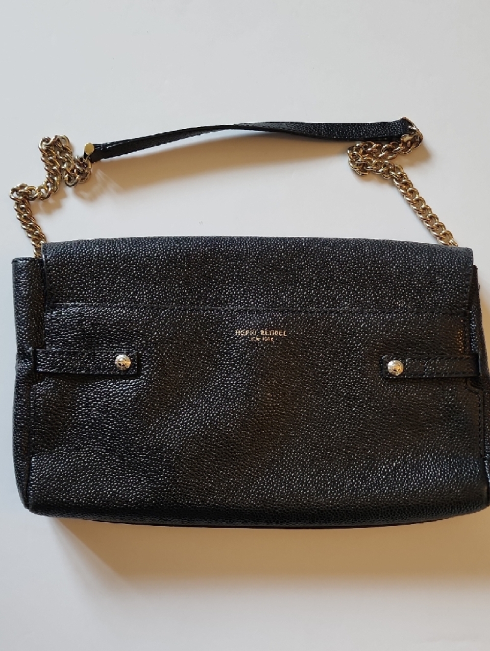 henri bendel Black Pebbled Leather Shoulder Bag with Gold Chain Strap. - Picture 3 of 13